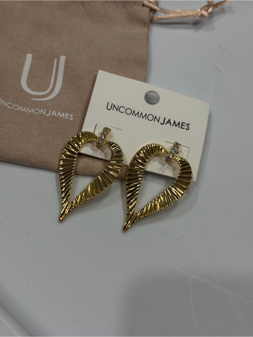 Uncommon James Gold Textured Heart Drop Earrings - Picture 2 of 7